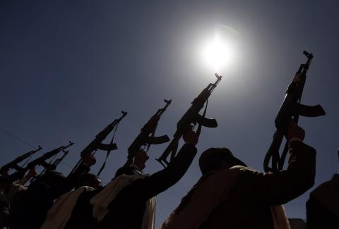 Yemeni Houthi loyalists at a tribal gathering in Sana’a, 20 February 2020 (Mohammed Hamoud/Getty Images)